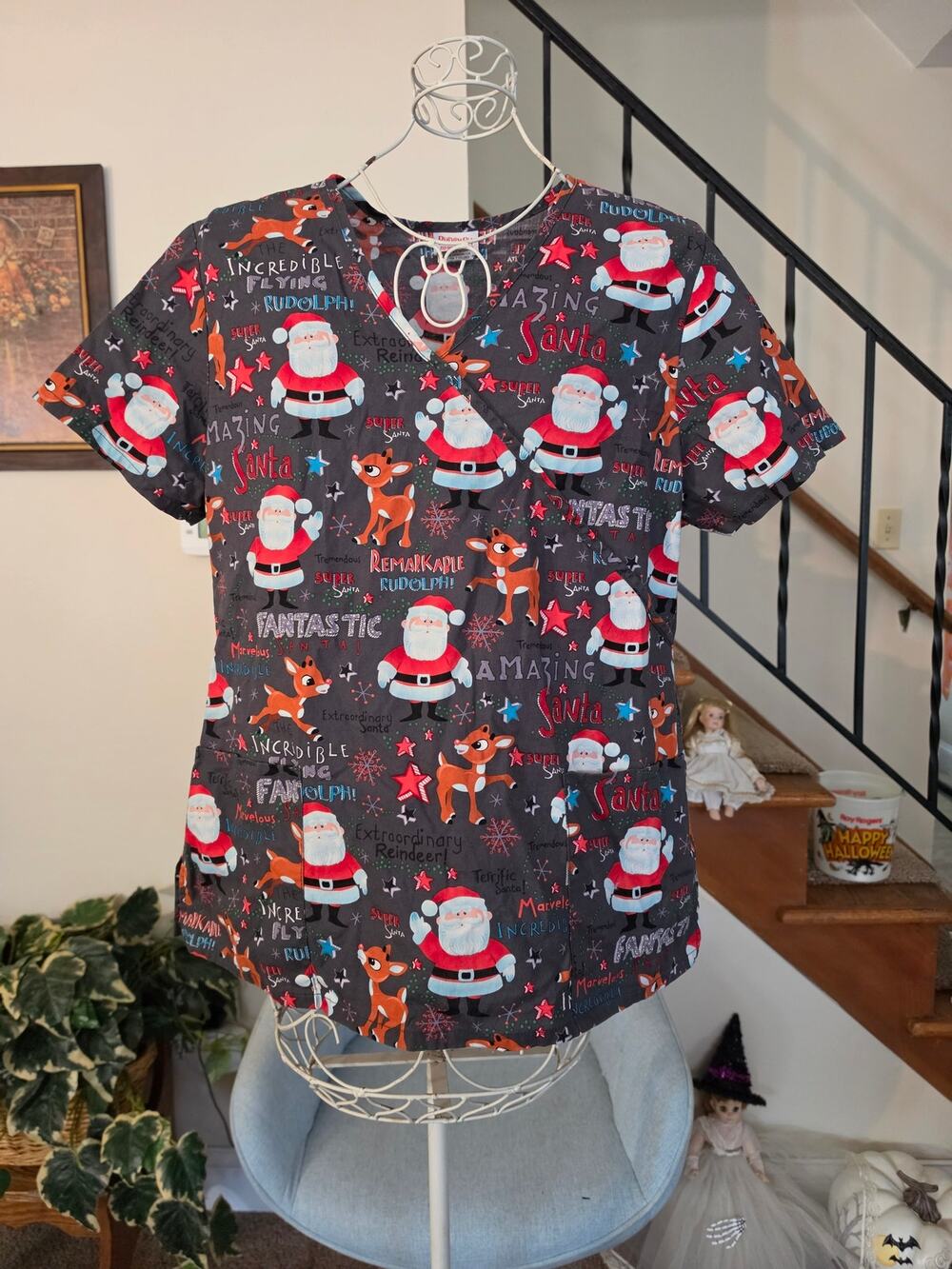 Christmas Scrub Top Santa Rudolph Reindeer Holiday Novelty Medical V-Neck